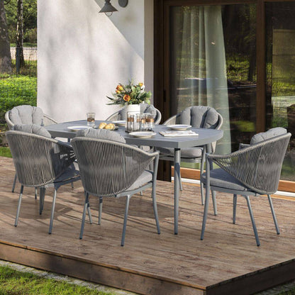 Dark Gray 7-Piece Aluminum and Woven Rope Outdoor Dining Set with Cushions and 2.76 In. Umbrella Hole