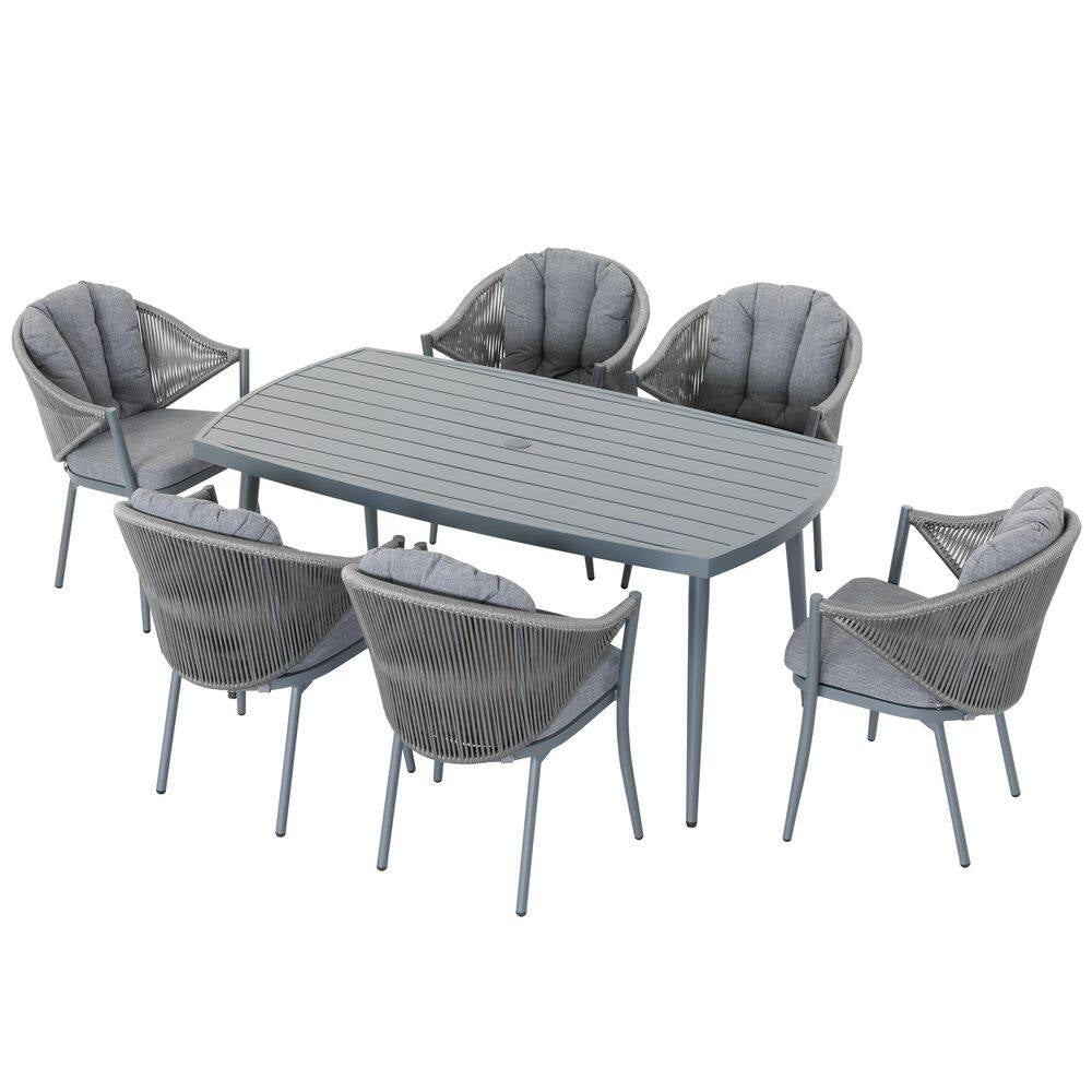Dark Gray 7-Piece Aluminum and Woven Rope Outdoor Dining Set with Cushions and 2.76 In. Umbrella Hole