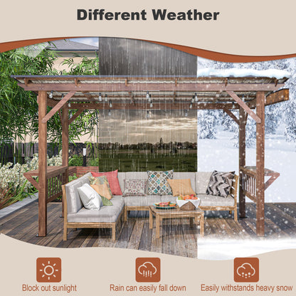 13' x 6.5' Wooden Outdoor Grill Gazebo Pergola with Metal Roof, Bulbs and Bar Counters – Brown