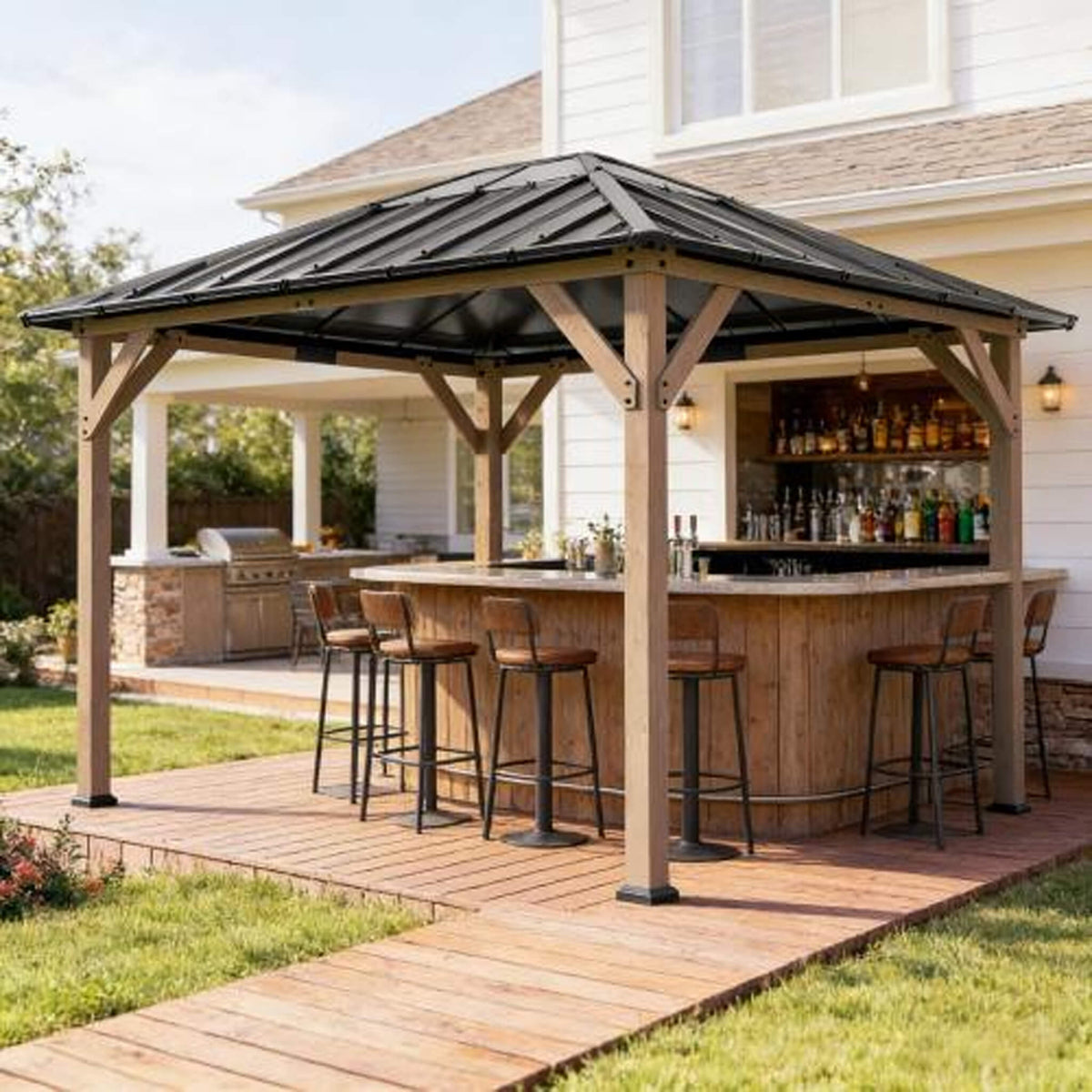 8x10 Heavy-Duty Fir Wood Hardtop Gazebo with Galvanized Steel Roof and Ceiling Hooks