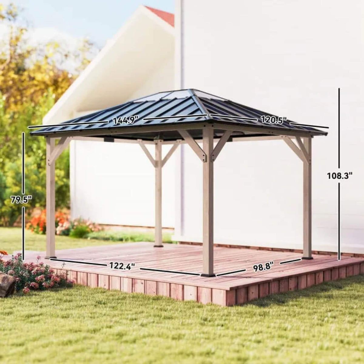 8x10 Heavy-Duty Fir Wood Hardtop Gazebo with Galvanized Steel Roof and Ceiling Hooks
