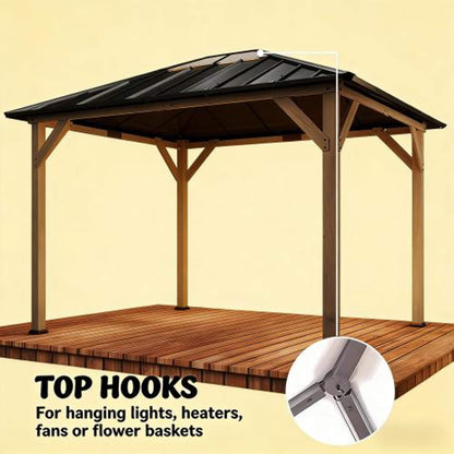 8x10 Heavy-Duty Fir Wood Hardtop Gazebo with Galvanized Steel Roof and Ceiling Hooks