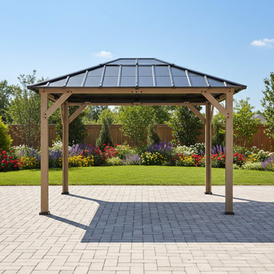8x10 Heavy-Duty Fir Wood Hardtop Gazebo with Galvanized Steel Roof and Ceiling Hooks