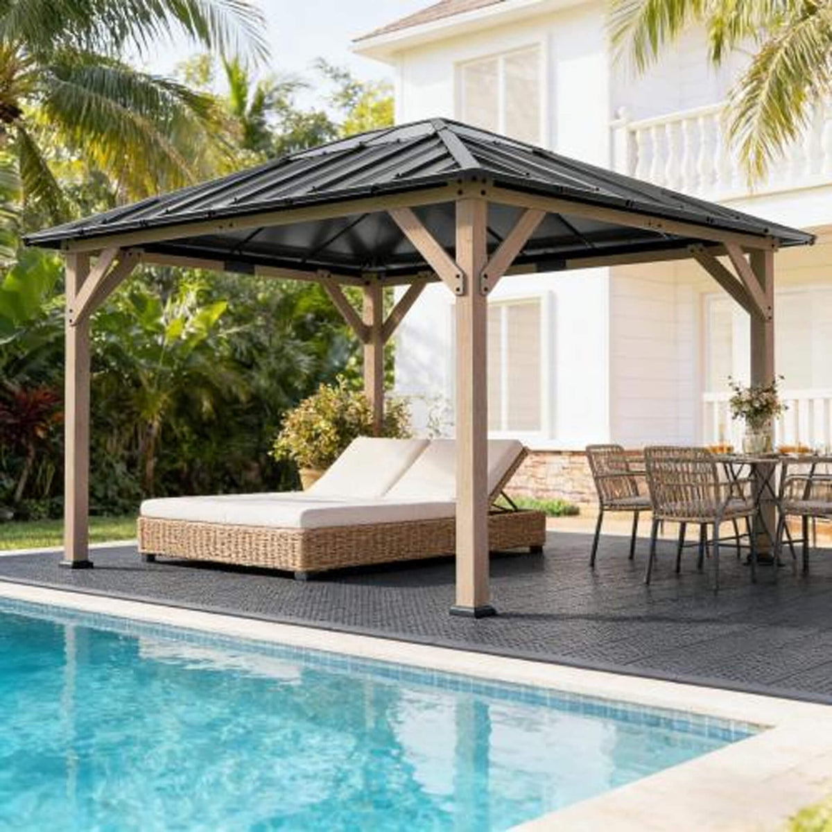 8x10 Heavy-Duty Fir Wood Hardtop Gazebo with Galvanized Steel Roof and Ceiling Hooks