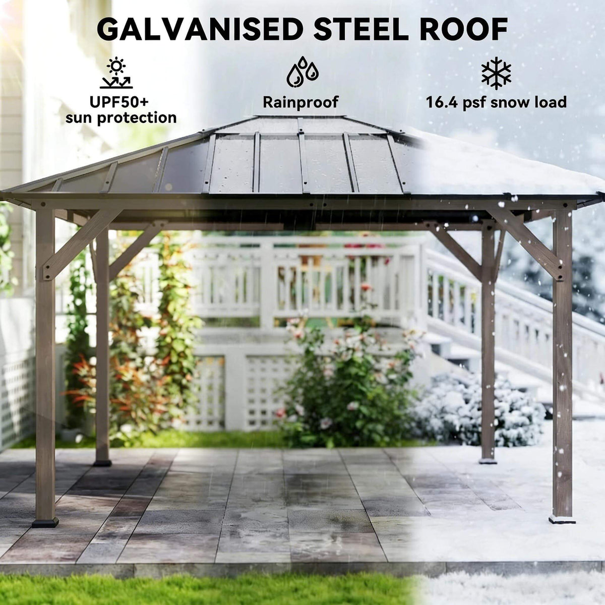 8x10 Heavy-Duty Fir Wood Hardtop Gazebo with Galvanized Steel Roof and Ceiling Hooks