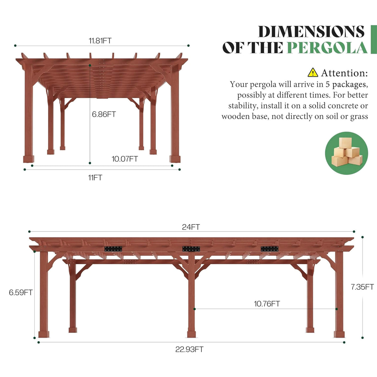 Large Outdoor Solid Cedar Wood Pergola Kit with Slatted Roof