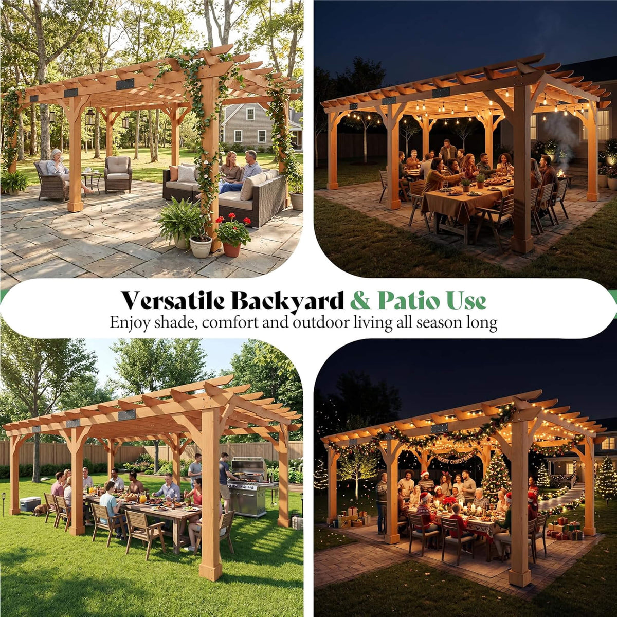 Large Outdoor Solid Cedar Wood Pergola Kit with Slatted Roof