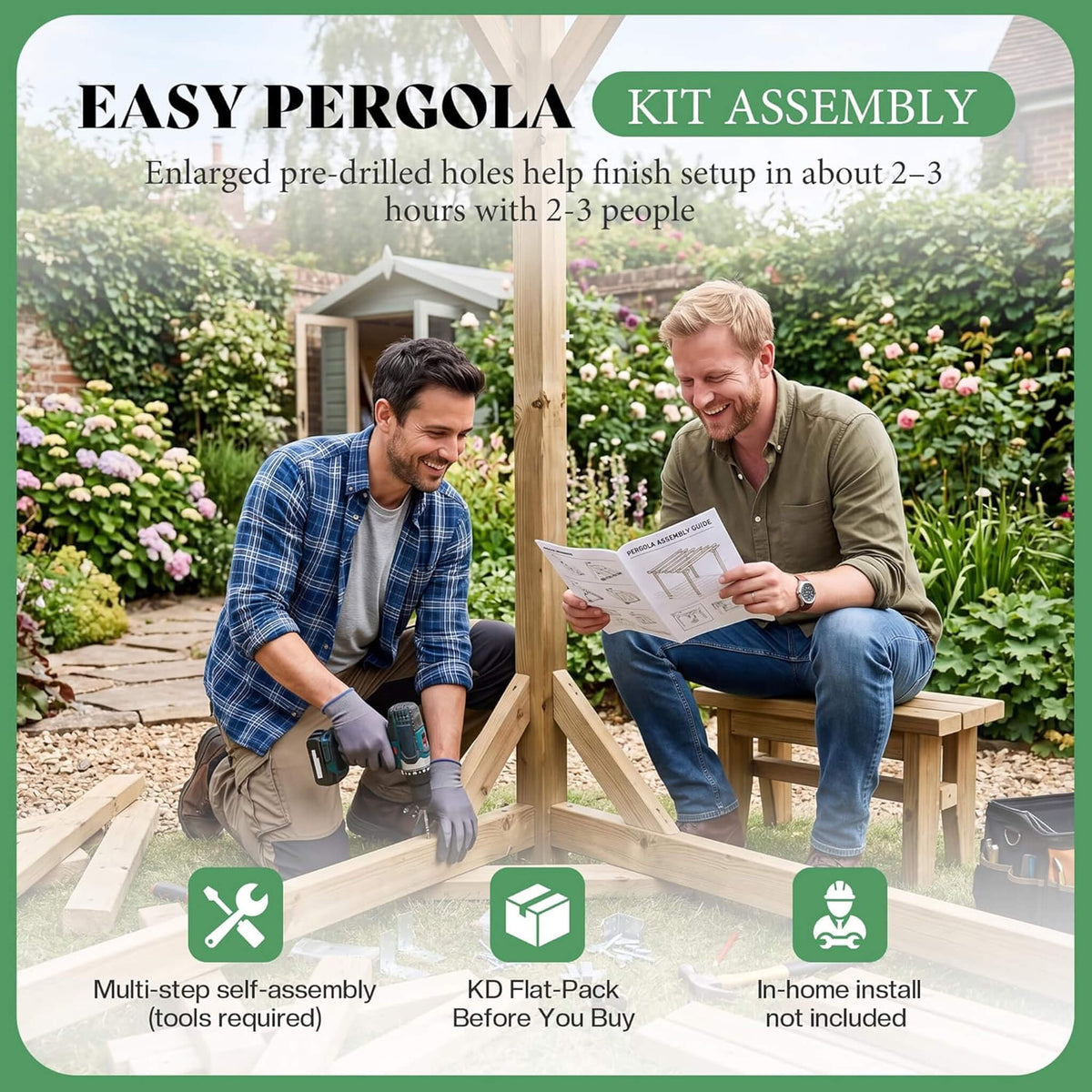 Large Outdoor Solid Cedar Wood Pergola Kit with Slatted Roof