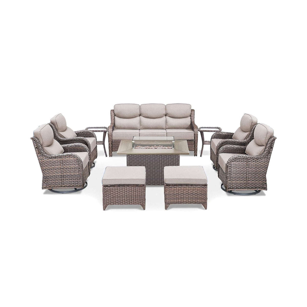 10-Piece All-Weather Wicker Outdoor Patio Furniture Set with Fire Pit Table