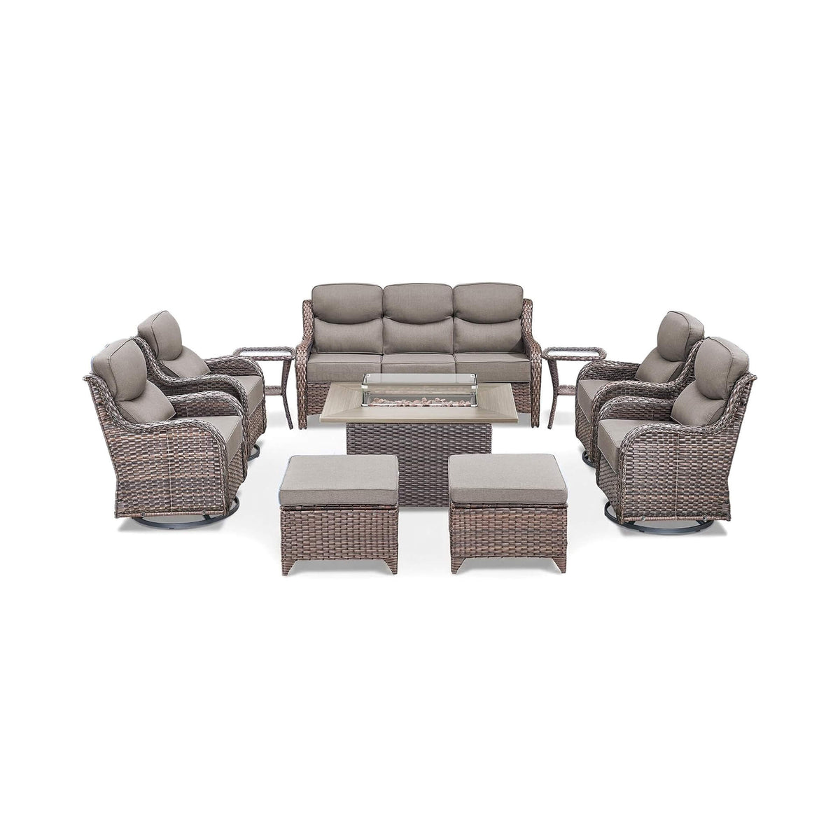 10-Piece All-Weather Wicker Outdoor Patio Furniture Set with Fire Pit Table