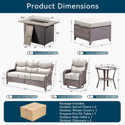 10-Piece All-Weather Wicker Outdoor Patio Furniture Set with Fire Pit Table
