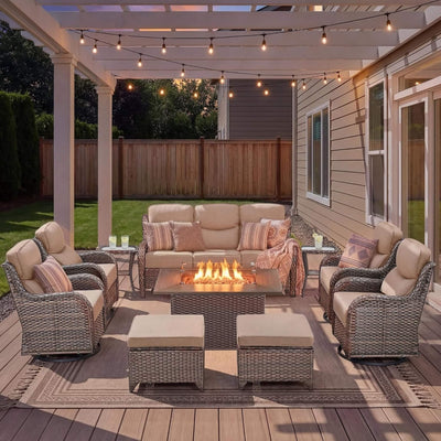 10-Piece All-Weather Wicker Outdoor Patio Furniture Set with Fire Pit Table
