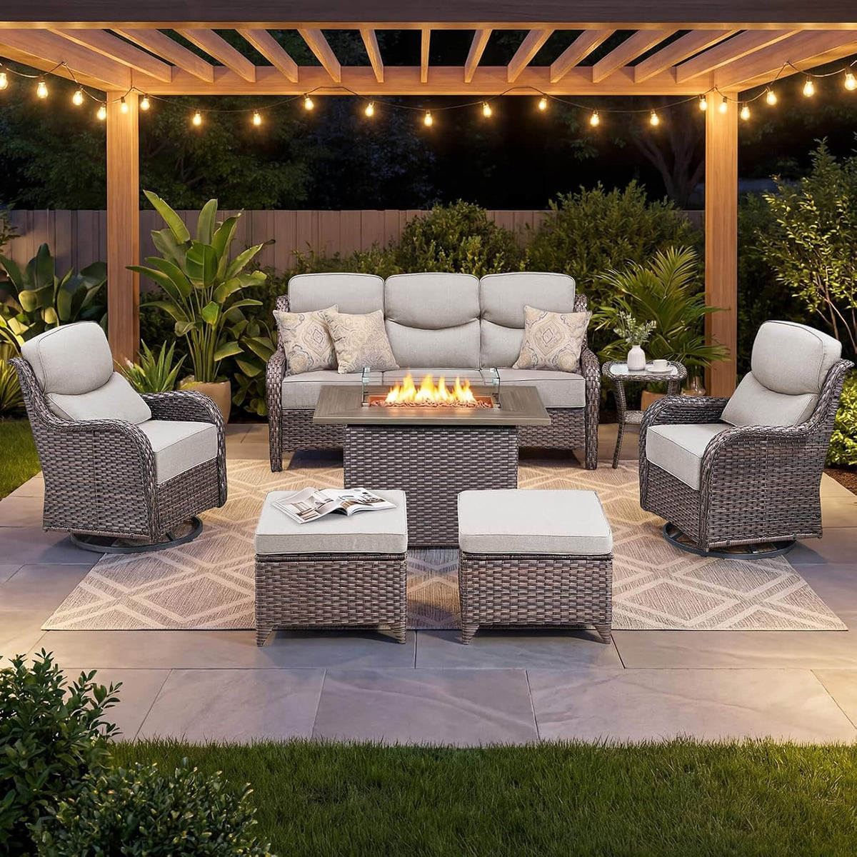 7-Piece PE Wicker Outdoor Patio Furniture Set with Fire Pit Table & Swivel Rocker Chairs
