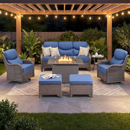 7-Piece PE Wicker Outdoor Patio Furniture Set with Fire Pit Table & Swivel Rocker Chairs