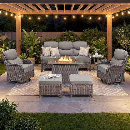 7-Piece PE Wicker Outdoor Patio Furniture Set with Fire Pit Table & Swivel Rocker Chairs