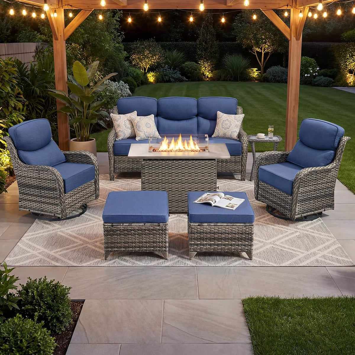 7-Piece PE Wicker Outdoor Patio Furniture Set with Fire Pit Table & Swivel Rocker Chairs