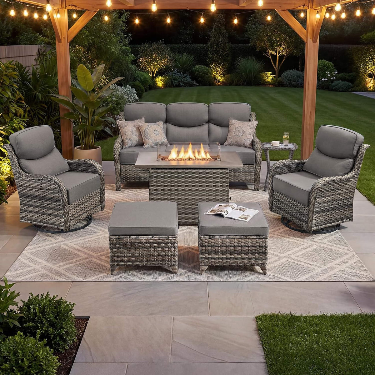 7-Piece PE Wicker Outdoor Patio Furniture Set with Fire Pit Table & Swivel Rocker Chairs