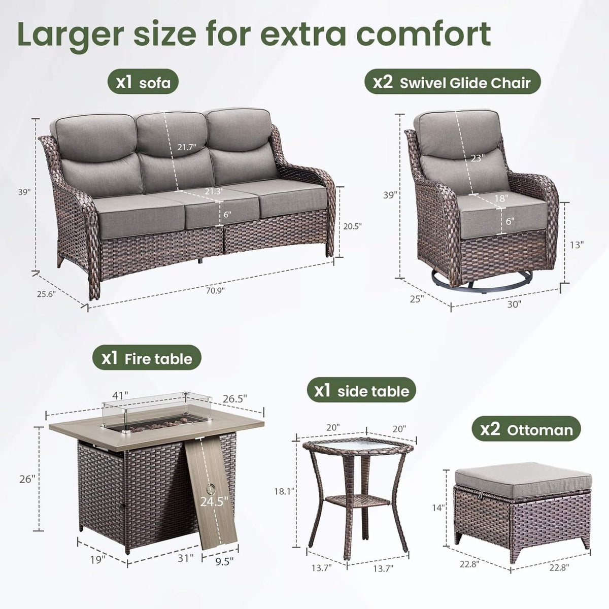 7-Piece PE Wicker Outdoor Patio Furniture Set with Fire Pit Table & Swivel Rocker Chairs