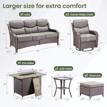 7-Piece PE Wicker Outdoor Patio Furniture Set with Fire Pit Table & Swivel Rocker Chairs