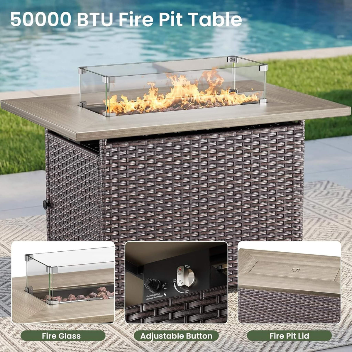 7-Piece PE Wicker Outdoor Patio Furniture Set with Fire Pit Table & Swivel Rocker Chairs