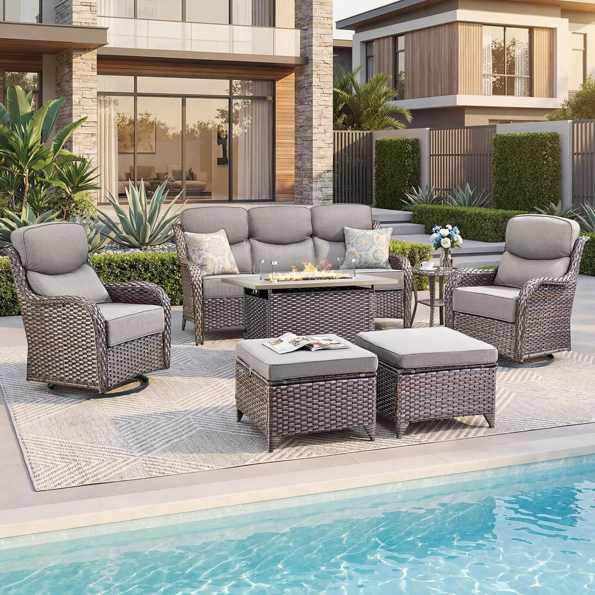 7-Piece PE Wicker Outdoor Patio Furniture Set with Fire Pit Table & Swivel Rocker Chairs