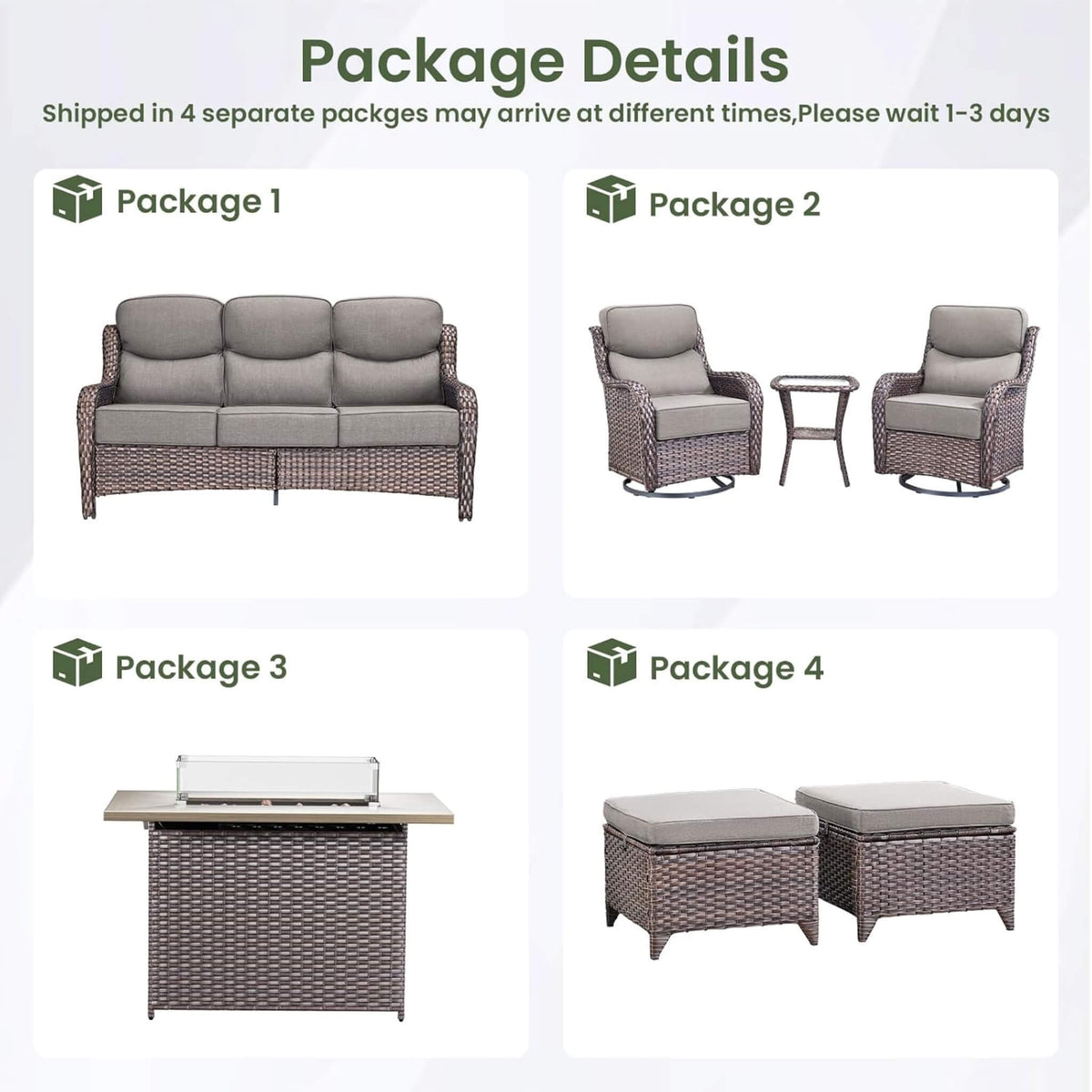 7-Piece PE Wicker Outdoor Patio Furniture Set with Fire Pit Table & Swivel Rocker Chairs
