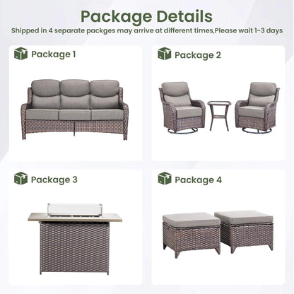 7-Piece PE Wicker Outdoor Patio Furniture Set with Fire Pit Table & Swivel Rocker Chairs