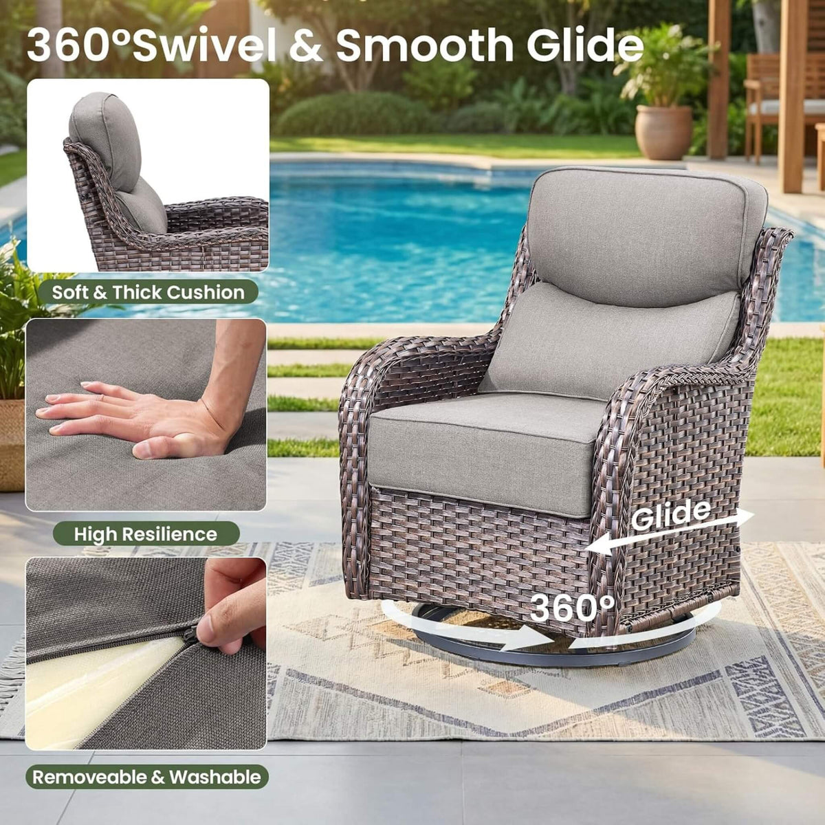 7-Piece PE Wicker Outdoor Patio Furniture Set with Fire Pit Table & Swivel Rocker Chairs