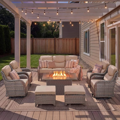 8-Piece All-Weather PE Wicker Outdoor Patio Furniture Set with Fire Pit Table