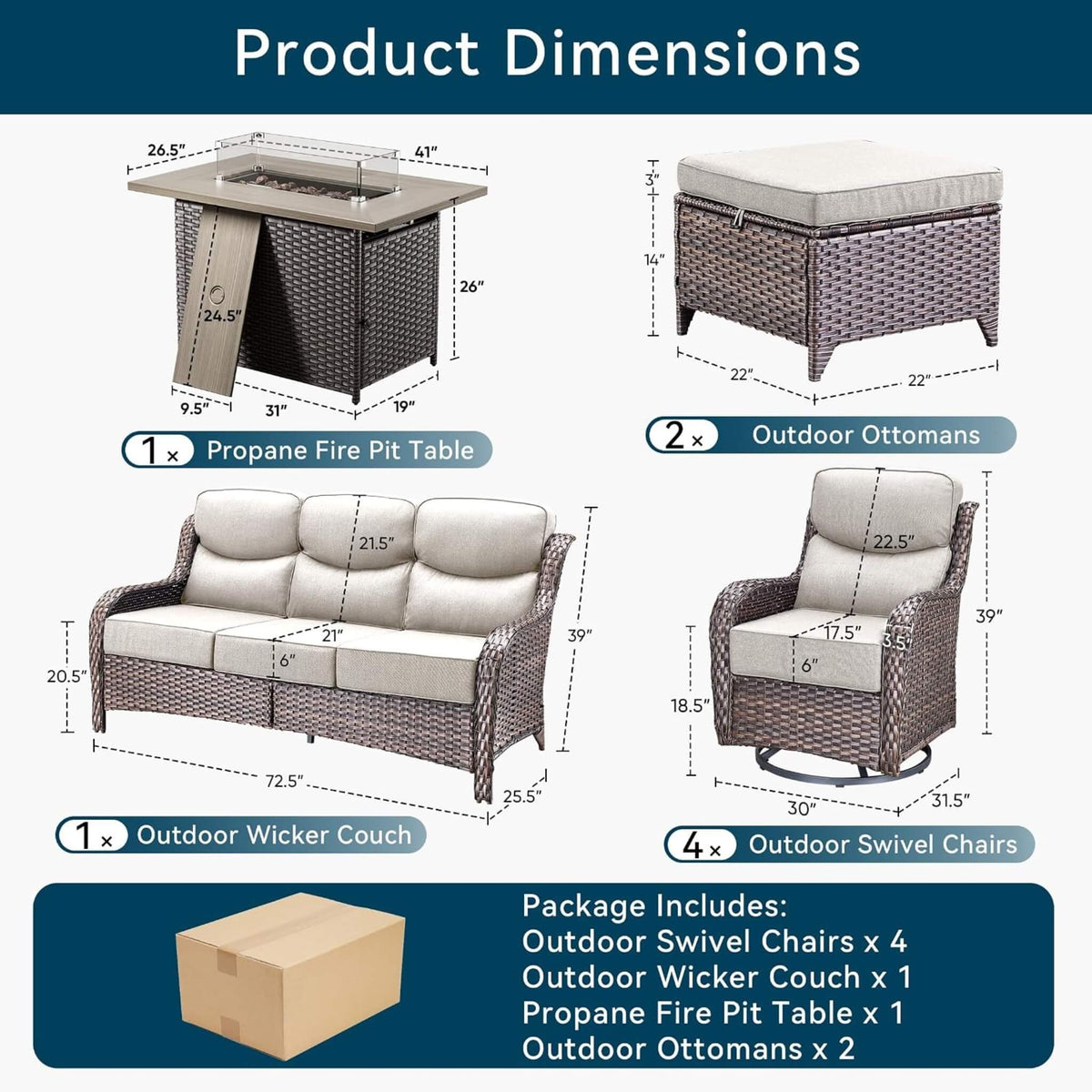 8-Piece All-Weather PE Wicker Outdoor Patio Furniture Set with Fire Pit Table