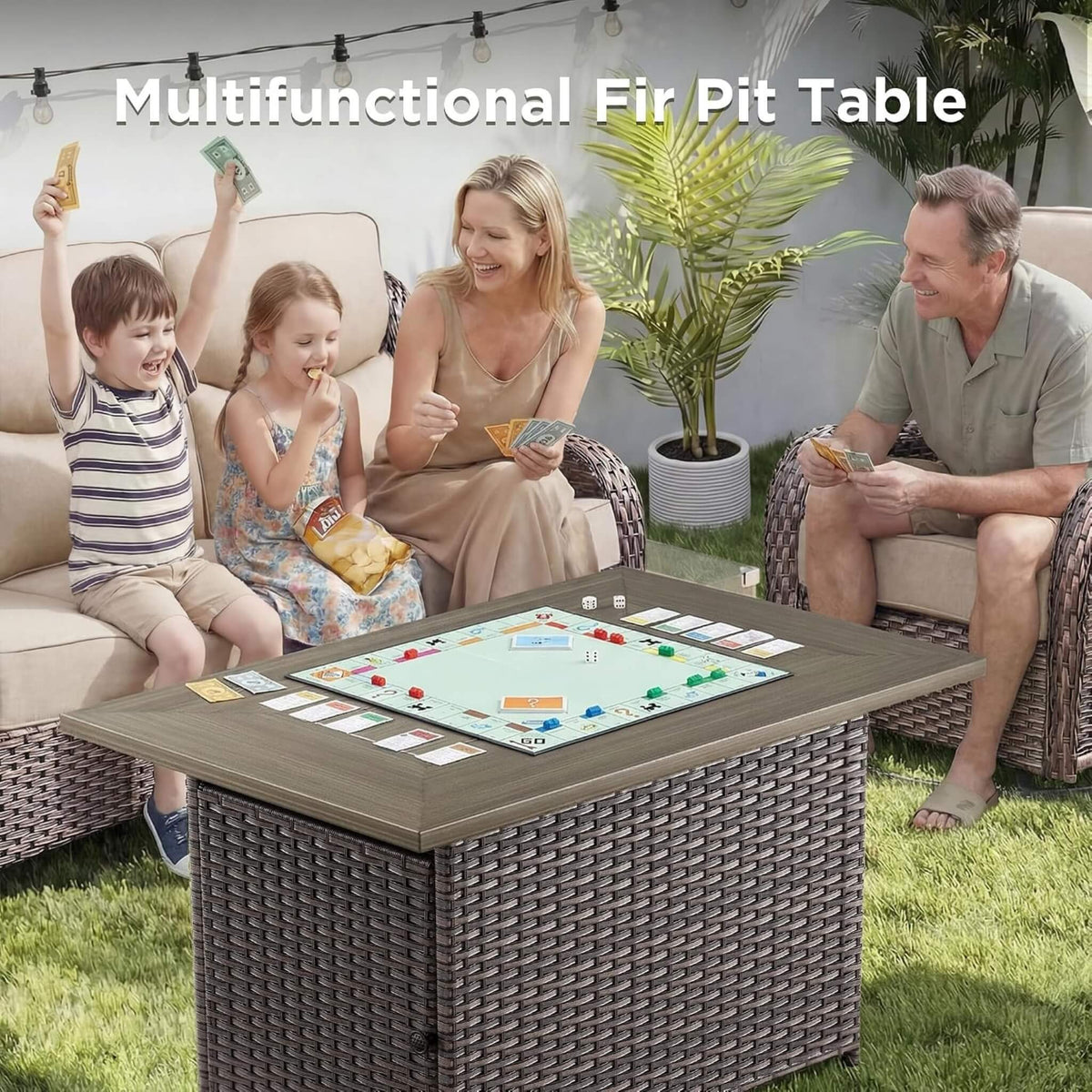 8-Piece All-Weather PE Wicker Outdoor Patio Furniture Set with Fire Pit Table