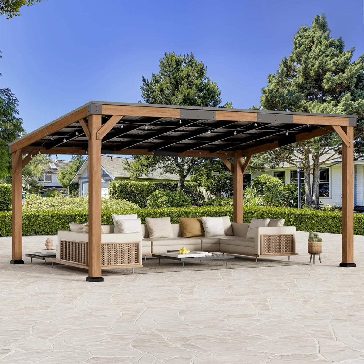 Modern Cedar Wood Outdoor Gazebo with Sloped Galvanized Steel Hardtop Roof