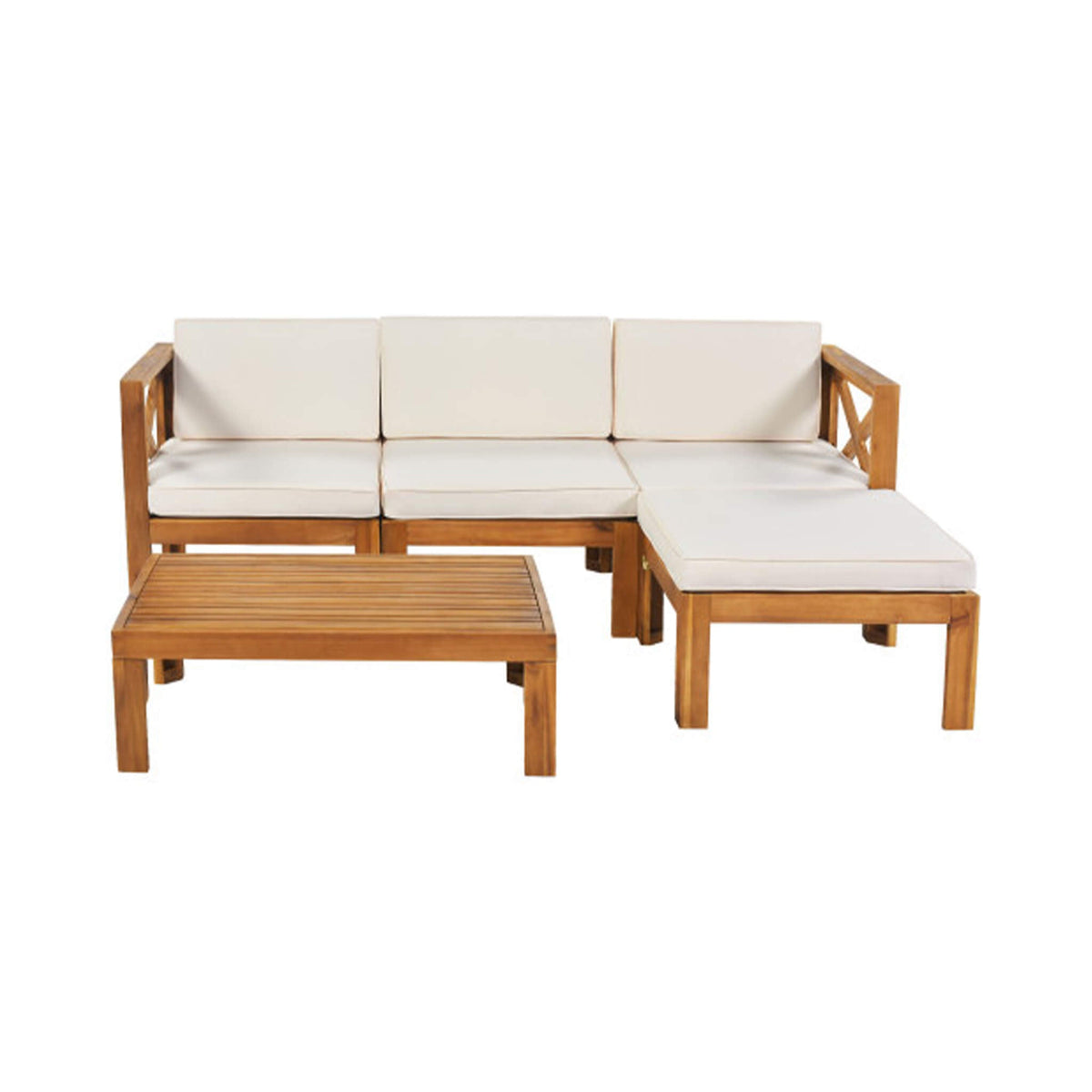 5-Piece Hardwood Outdoor Patio Sectional Sofa Set with Blue Cushions and X-Back Design