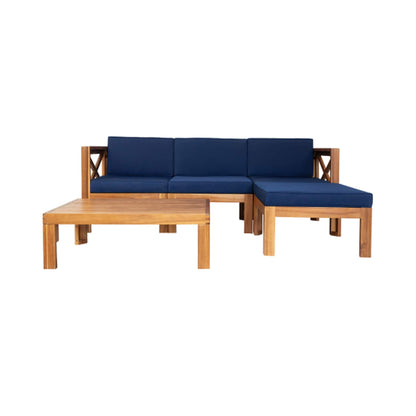 5-Piece Hardwood Outdoor Patio Sectional Sofa Set with Blue Cushions and X-Back Design