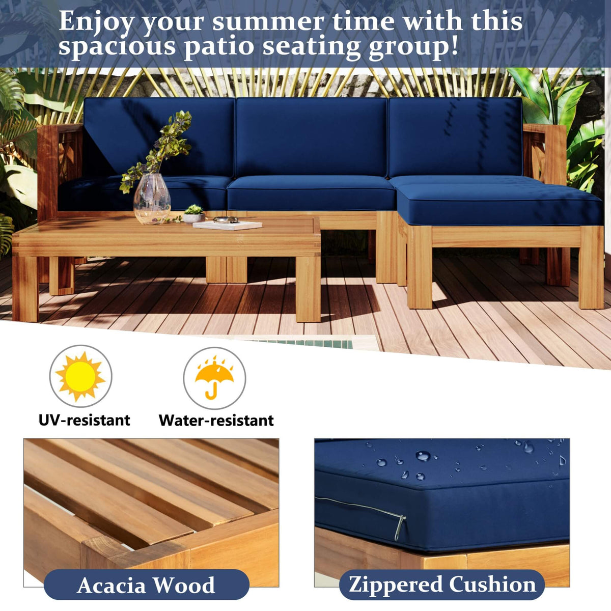5-Piece Hardwood Outdoor Patio Sectional Sofa Set with Blue Cushions and X-Back Design