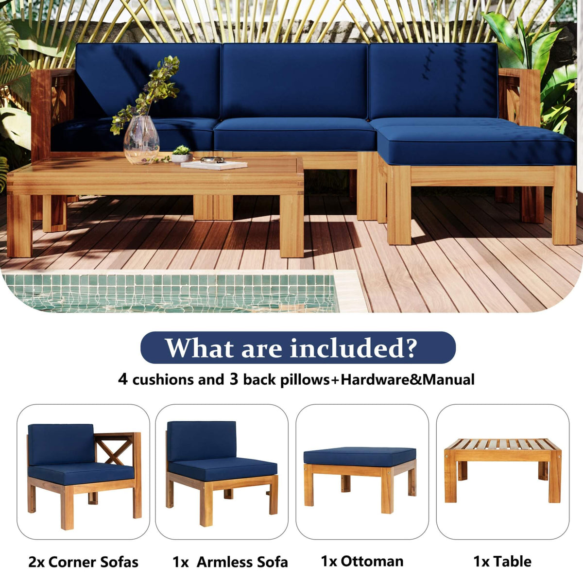 5-Piece Hardwood Outdoor Patio Sectional Sofa Set with Blue Cushions and X-Back Design