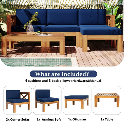 5-Piece Hardwood Outdoor Patio Sectional Sofa Set with Blue Cushions and X-Back Design