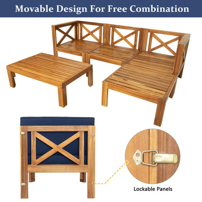 5-Piece Hardwood Outdoor Patio Sectional Sofa Set with Blue Cushions and X-Back Design