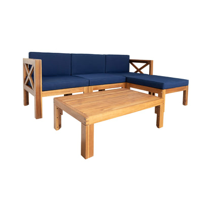5-Piece Hardwood Outdoor Patio Sectional Sofa Set with Blue Cushions and X-Back Design