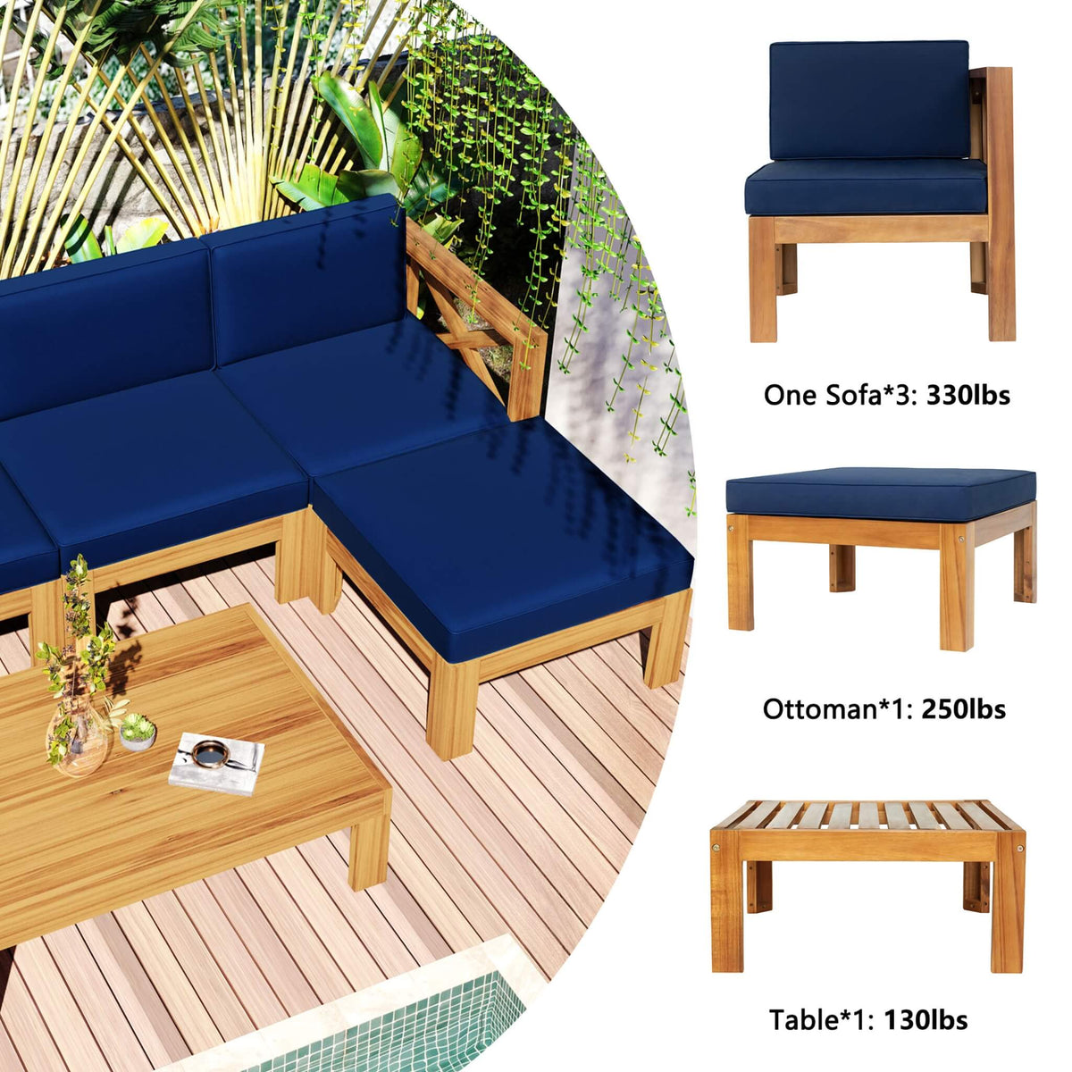 5-Piece Hardwood Outdoor Patio Sectional Sofa Set with Blue Cushions and X-Back Design