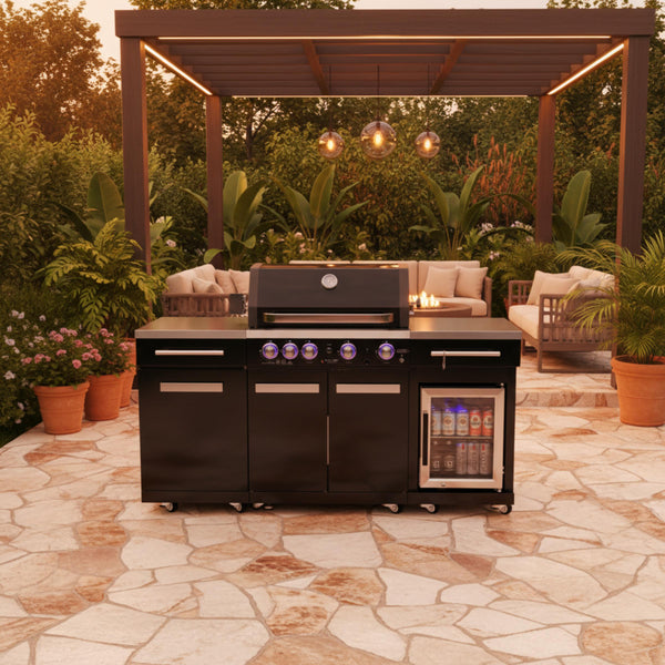 957 Compact Islands 70" Black Stainless Steel Outdoor Kitchen Island with 32" 4-Burner Grill & Refrigerator