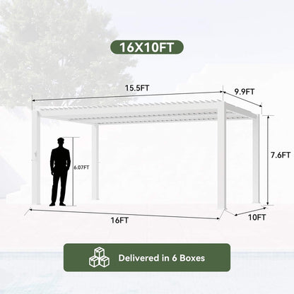 White Outdoor Metal Louvered Pergola with Adjustable Roof and Integrated Drainage