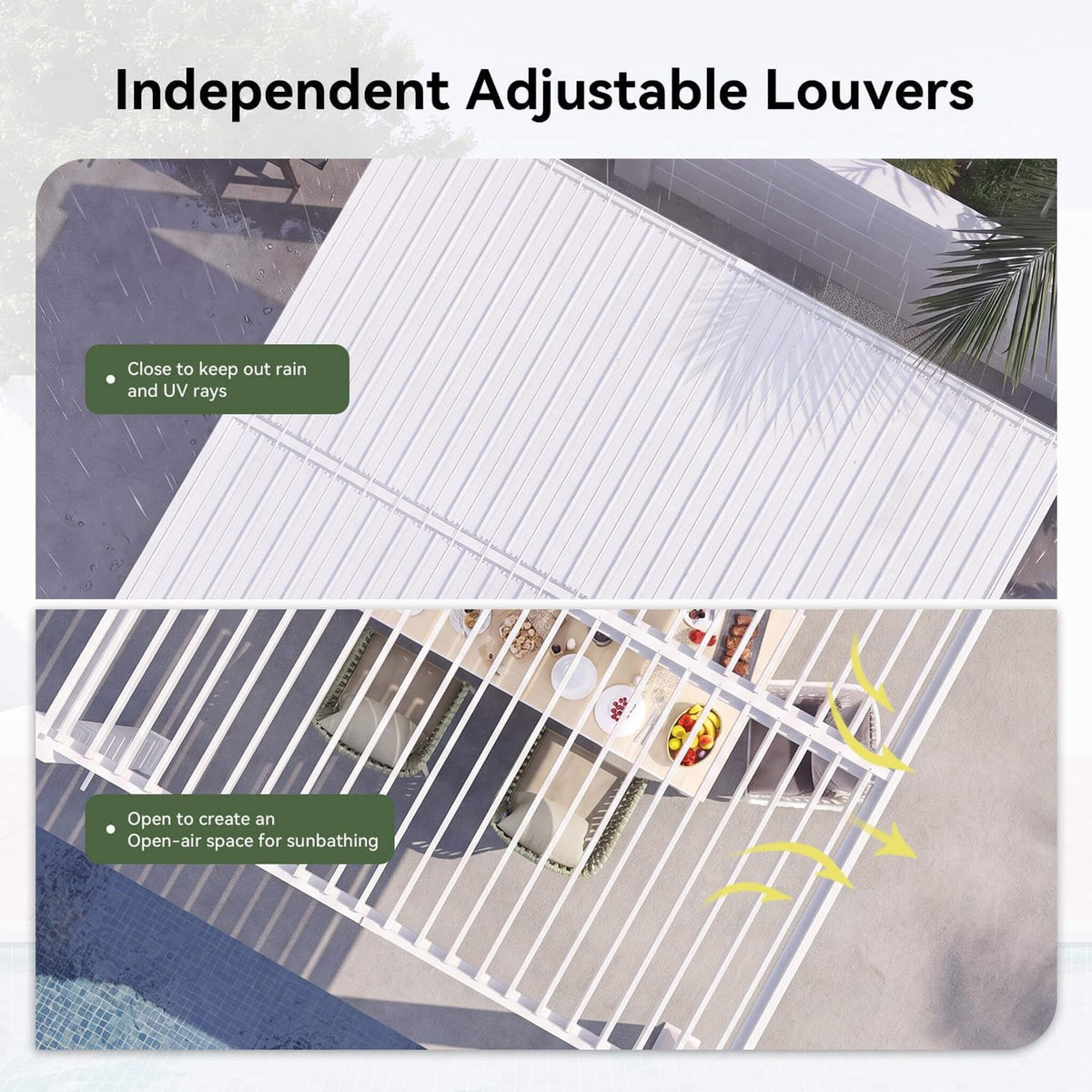 White Outdoor Metal Louvered Pergola with Adjustable Roof and Integrated Drainage