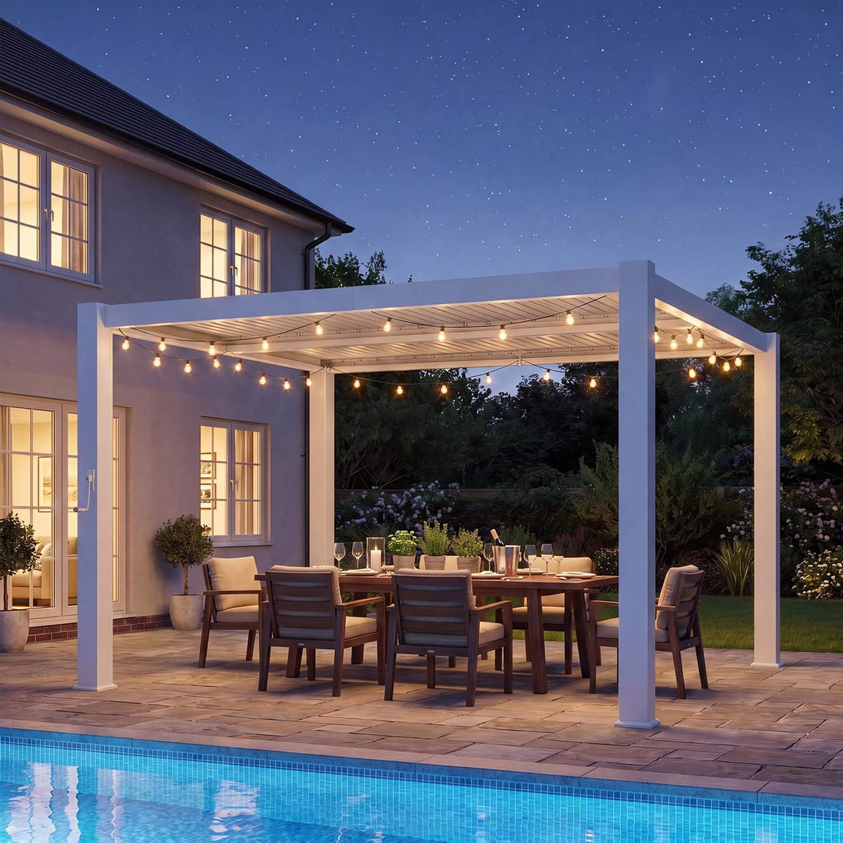 White Outdoor Metal Louvered Pergola with Adjustable Roof and Integrated Drainage