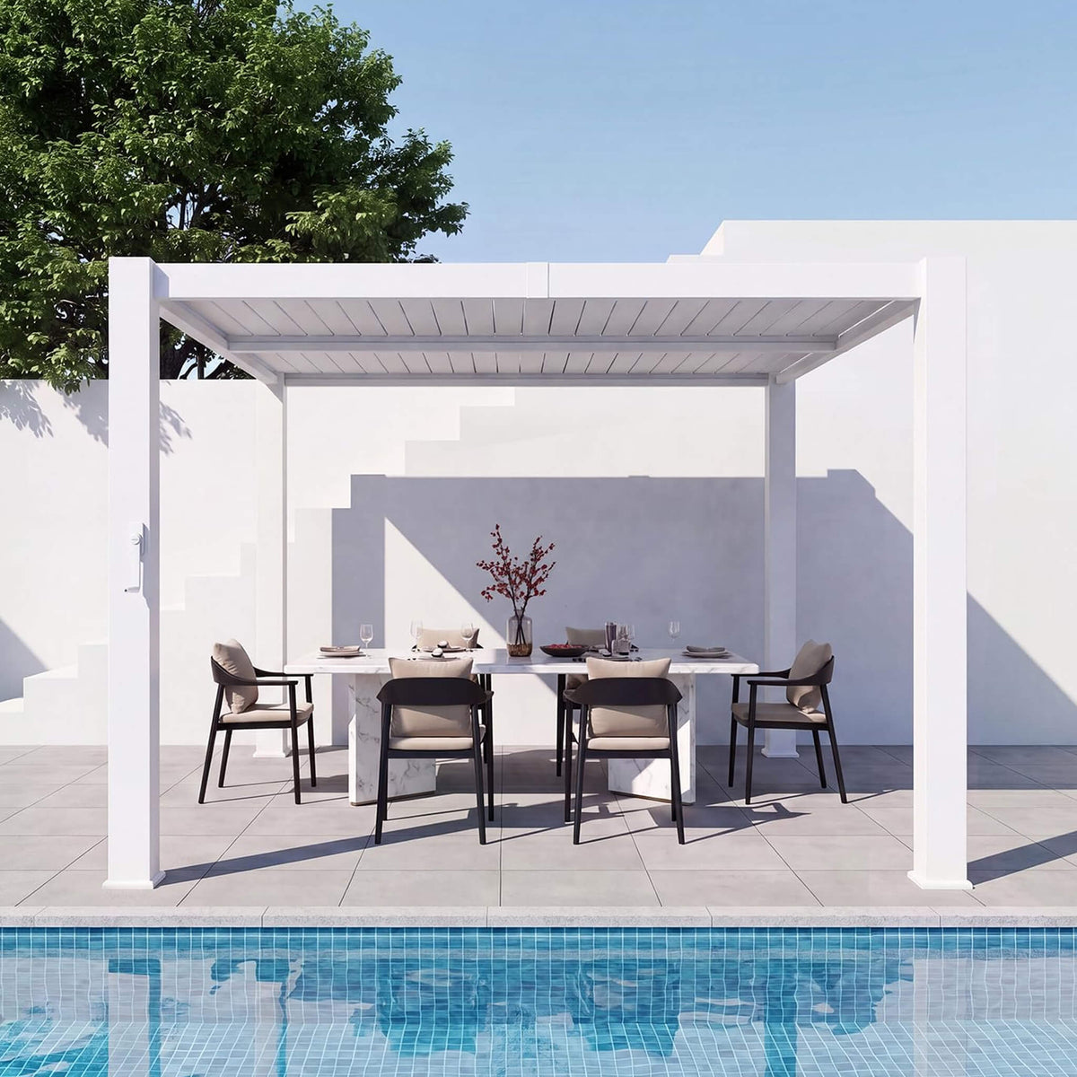 White Outdoor Metal Louvered Pergola with Adjustable Roof and Integrated Drainage