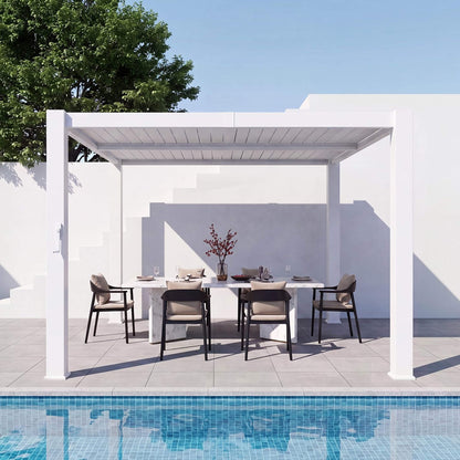 White Outdoor Metal Louvered Pergola with Adjustable Roof and Integrated Drainage