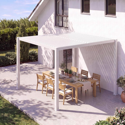White Outdoor Metal Louvered Pergola with Adjustable Roof and Integrated Drainage