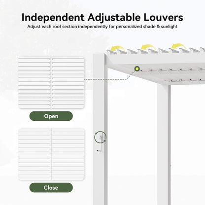 White Outdoor Metal Louvered Pergola with Adjustable Roof and Integrated Drainage