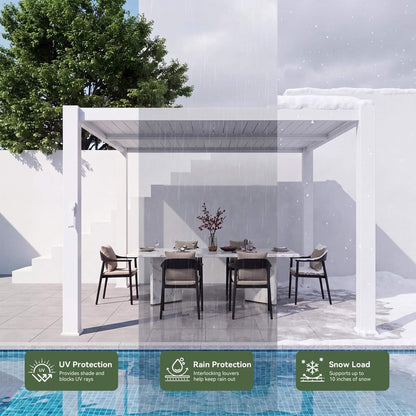 White Outdoor Metal Louvered Pergola with Adjustable Roof and Integrated Drainage