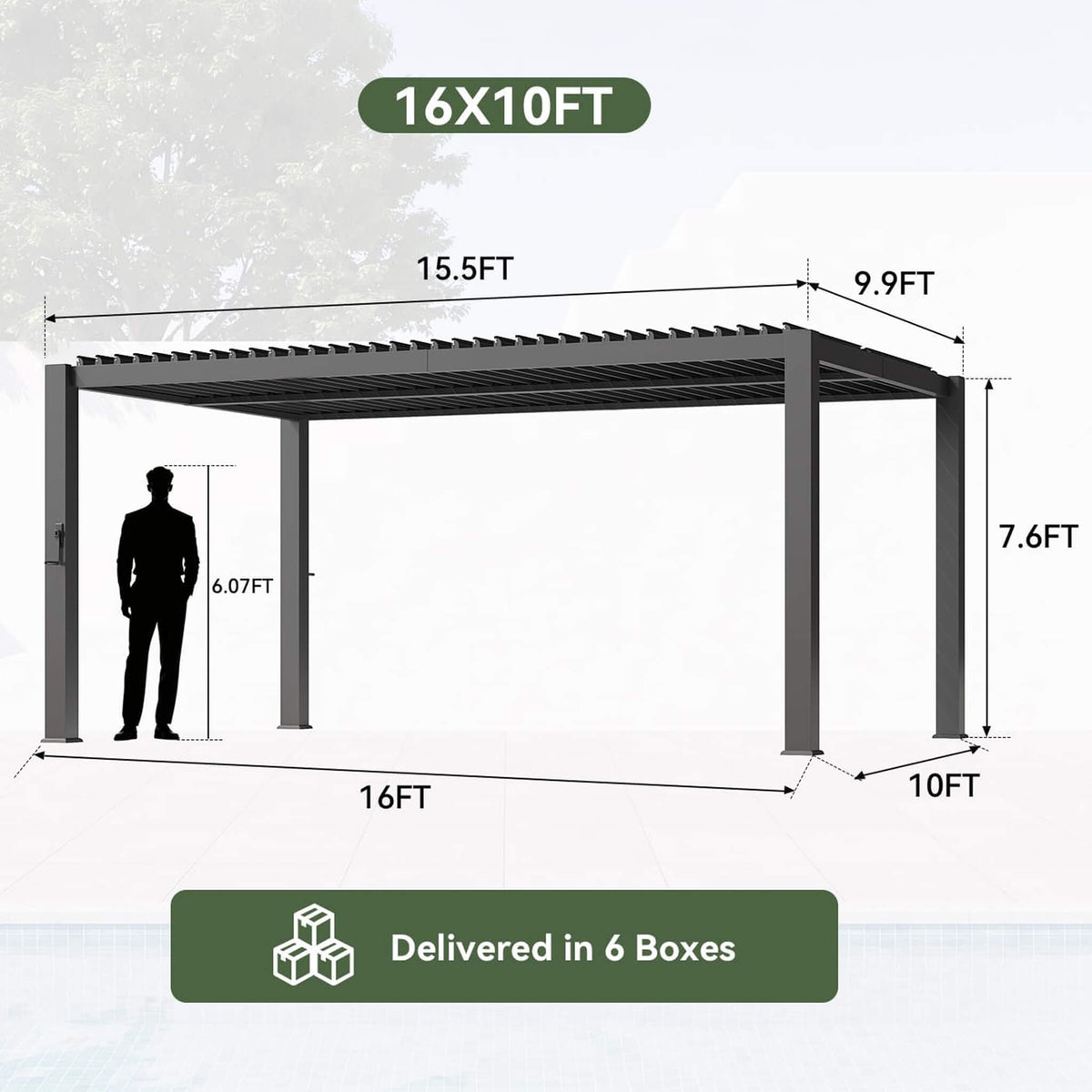 Modern Gray Outdoor Metal Pergola with Louvered Roof & Integrated Drainage System